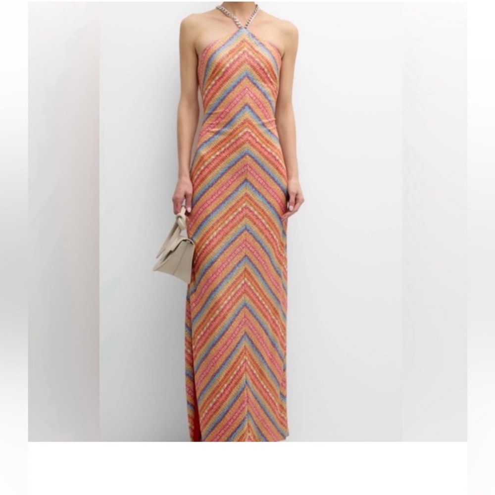Liv Foster Women's Striped Foil-Knit Maxi Dress - Coral Halter